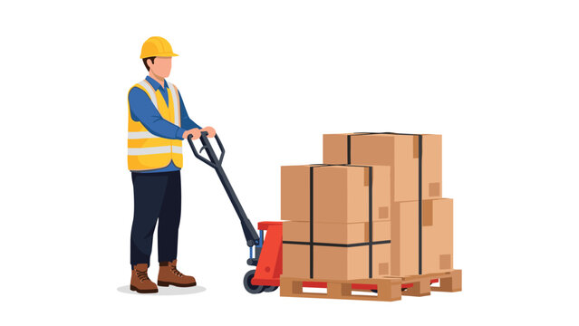 Warehouse worker wearing a hard hat and safety vest, operating a hand pallet truck to move stacked cardboard boxes on a pallet, illustrating logistics and material handling.