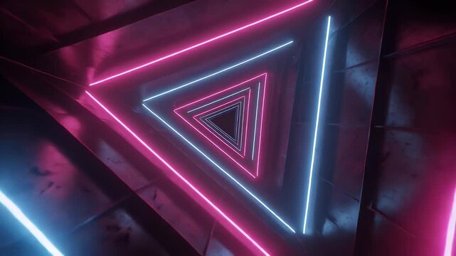 Abstract neon light tunnel with glowing pink and blue triangular frames creating a futuristic geometric illusion.