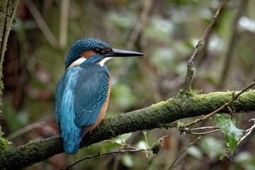 Fototapeta premium Vibrant kingfisher perched on branch surrounded by forest foliage