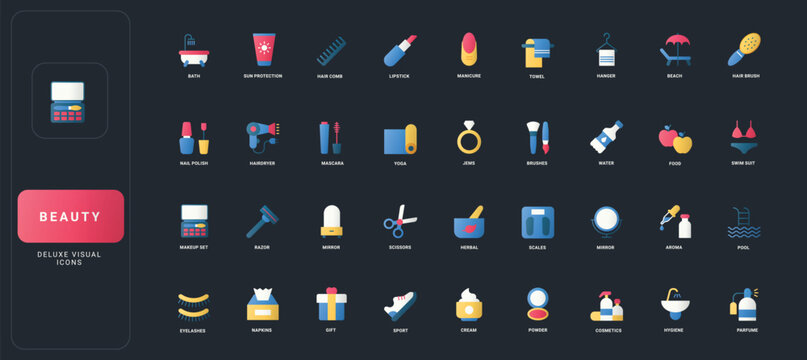 Gradient flat style icons set with beauty, wellness, hygiene, cosmetics, grooming, and self-care essentials on dark UI background vector illustration for modern visual design projects.