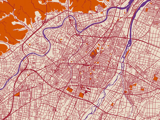 Fototapeta premium Street map of Takaoka, Japan in burgundy linework on cream