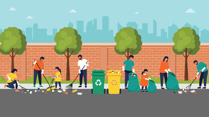 Fototapeta premium Community of diverse people, including children, engaged in a street clean-up, collecting trash and sorting it into recycling bins, promoting environmental responsibility and teamwork.