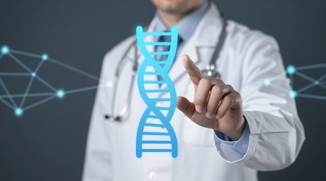 Medical professional interacts with a blue glowing dna string on a digital interface - Powered by Adobe