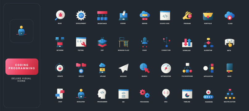 Gradient flat style icons set with coding, programming, development, cloud, server, algorithm, and digital workflow elements on dark UI background vector illustration.