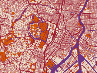 Obraz premium Minimal city map of Tokyo City Center, Japan with muted violet water and terracotta