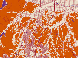 Naklejka premium City map of Tomiya, Japan — cream-toned map field with burgundy roads, terracotta highlights and muted violet water shapes