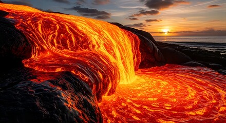 Spectacular molten lava river cascading down dark volcanic terrain towards the ocean under a vibrant sunset sky