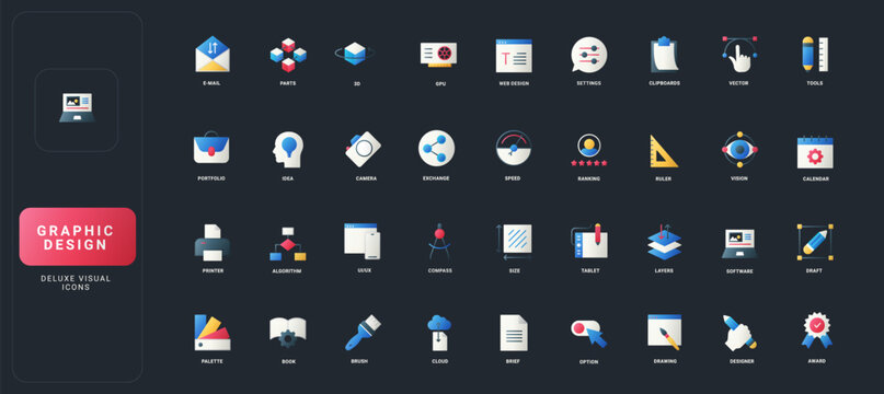 Gradient flat style icons set with creative graphic design, digital tools, interface elements, and workflow symbols on dark UI background vector illustration.