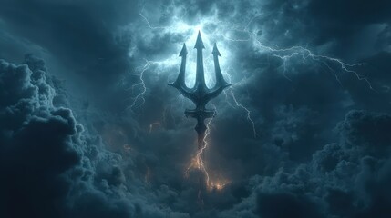 Powerful trident stands tall amid flames and lightning in dark stormy skies over the ocean
