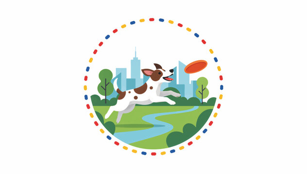 Dog playing with frisbee in city park. Flat design vector illustration of puppy jumping outdoors. Urban landscape round badge
