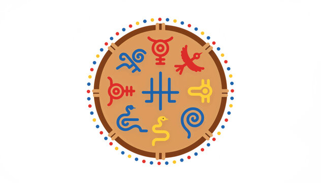 Ritual drum with painted tribal symbols. Stylized ethnic illustration with bird and snake icons. Flat design vector isolated on white background