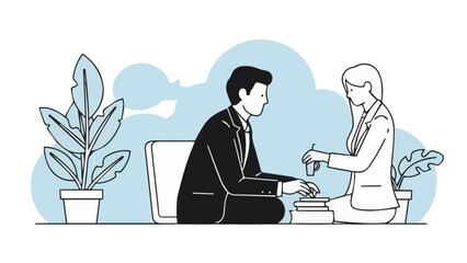 Two people in suits sit across from each other, exchanging keys in a calm, professional setting.