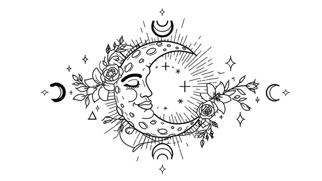 A mystical moon illustration with a serene face surrounded by celestial elements and flowers
