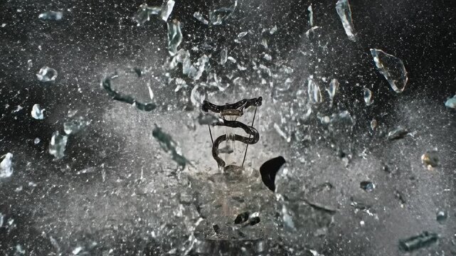 Shattered Vision: A lightbulb is exploding, its glass fragments scattering in a dynamic display of destruction, all set against a dark backdrop. Capturing a moment of impact and fragility.