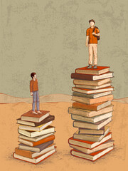 Two students standing on some pile of books
