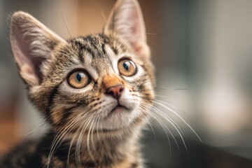 Side-looking tabby kitten portrait with large eyes and curious mood