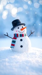 Festive Snowman with Striped Scarf and Top Hat in Winter Wonderland.