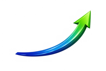Gradient blue and green arrow showing upward growth, increase, financial success, profit, and rising trend on transparent background
