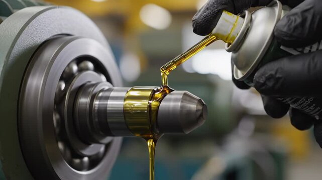Expert hands apply a golden lubricant to a spinning part in a vibrant workshop. The focus is on enhancing performance and prolonging machinery life.