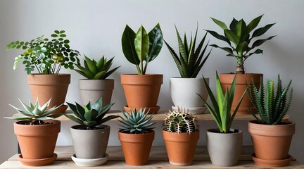 Obraz premium Collection of various houseplants arranged on a wooden shelf against a white wall