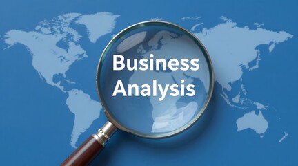 Magnifying glass focused on business analysis over a world map illustration