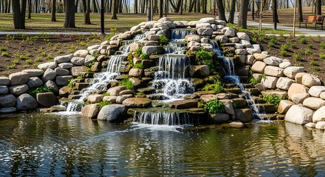 Malevich Park, Odintsovo urban district, Moscow region, Russia, New pond with large multi-level waterfall lined with stones