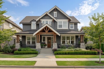 Fototapeta premium Gray Craftsman-style new construction home with landscaped front yard and inviting pathway