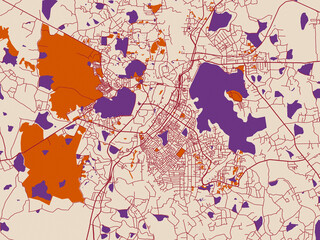 Fototapeta premium Urban map poster of Anuradhapura, Sri Lanka with warm ivory base with deep wine street grid, clay-orange areas and dusky purple waterways