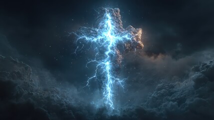 Glowing blue lightning surrounds the cross symbol in a dark cloudy sky during a dramatic scene