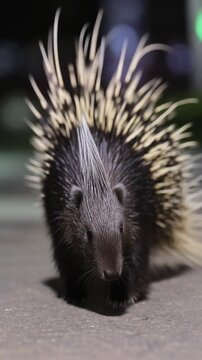 A curious porcupine on the move, with a close-up perspective. It showcases the distinctive quills and unique features of this creature
