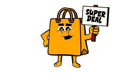 Cute happy shopping bag mascot character, for promotion, sales and e commerce. holding sign written: super deal