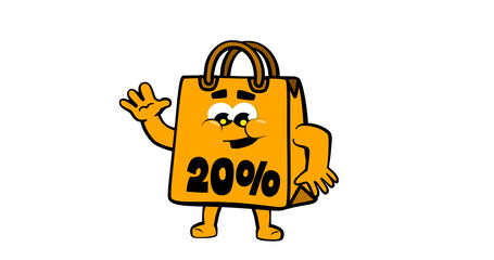 Cute happy shopping bag mascot character, for promotion, sales and e commerce. DISCOUNT FROM 20%