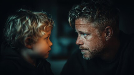 Obraz premium Father and son have serious conversation in a dimly lit room during evening hours