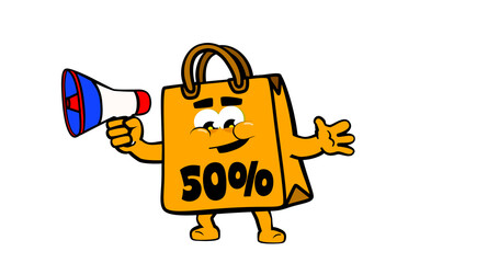 Cute happy shopping bag mascot character, for promotion, sales and e commerce.