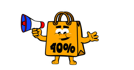 Cute happy shopping bag mascot character, for promotion, sales and e commerce. DISCOUNT FROM 40%