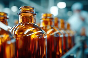 Close-Up Macro of Amber Bottles in Pharmaceutical Plant with Blurred Workers