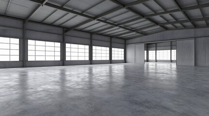 Spacious industrial warehouse interior with concrete floor and metal walls