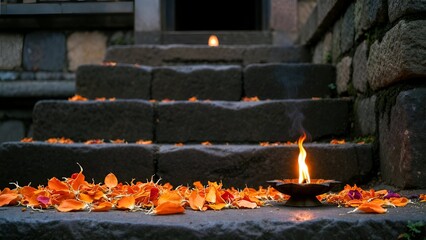 Temple stone steps with oil lamp and flower petals during Maha Shivaratri representing devotion, offerings, and sacred spiritual journey
