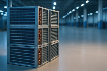 Industrial heat exchanger modules stacked to show fin geometry and copper coil configuration for HVAC and cooling systems
