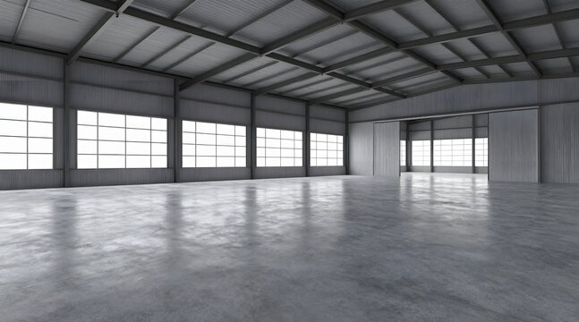 Spacious industrial warehouse interior with concrete floor and metal walls