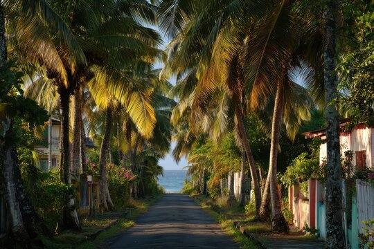 Palm-lined road in Capesterre-Belle-Eau, tropical avenue framed by royal palms