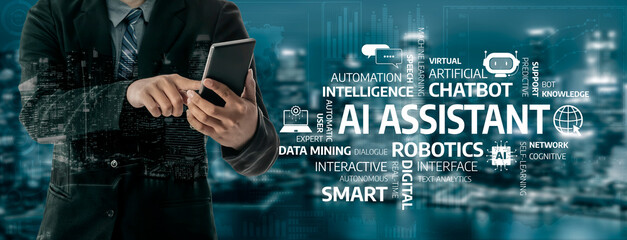 A business professional engages with a smartphone that symbolizes the integration of AI technology in everyday life, emphasizing digital advancement and automation. Tessel