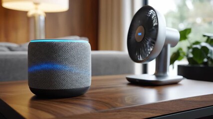 Explore the harmony of advanced technology and contemporary design as smart home devices illuminate and cool a stylish living room. Experience the beauty of innovation.