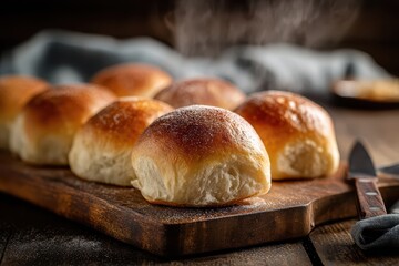 Freshly baked homemade dinner rolls on a warm wooden counter with selective focus