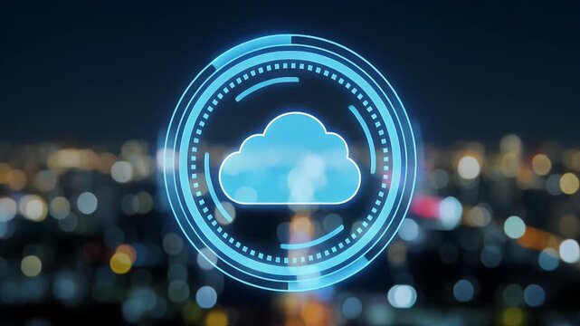 Digital cloud icon with glowing blue interface over a blurred night city skyline representing technology and data.