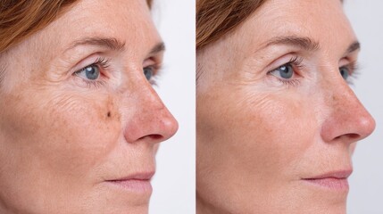 Obraz premium Before and after comparison of mature woman’s face showing pigmentation removal and wrinkle reduction