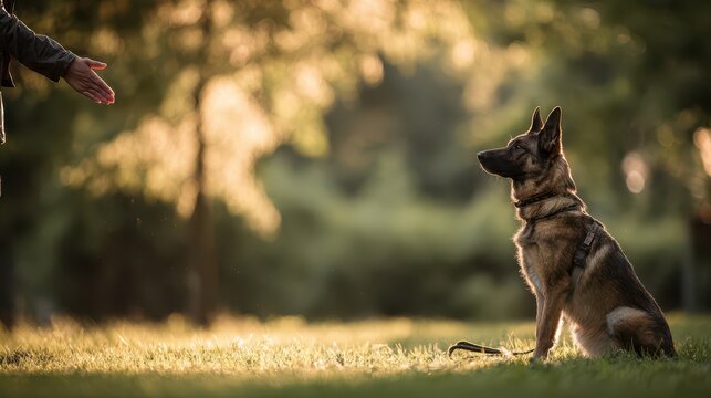 Well-trained dog demonstrates obedience in a sunlit park with a calm handler