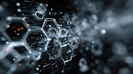 Abstract background with digital shapes featuring futuristic elements and flowing motion in a dark setting