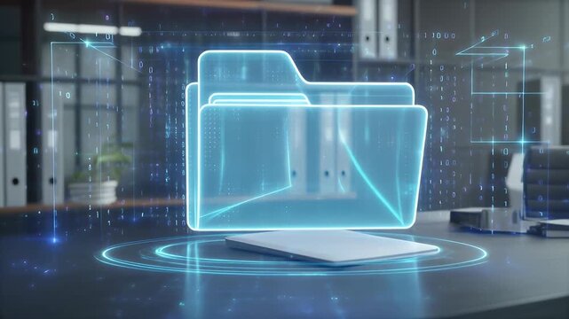 Holographic blue file folder with digital data visualization in a modern office setting.