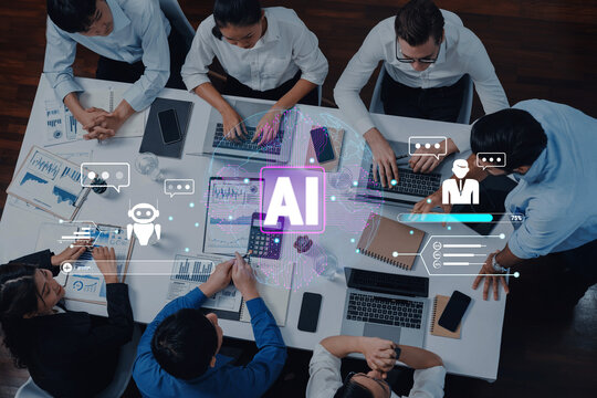 A diverse team collaborates in a modern office, engaging with artificial intelligence technology and discussing innovative ideas for future projects and solutions. Trope